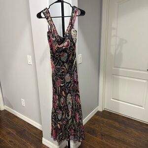 JS Boutique Dress Paisley Cowl Neck Maxi Silk Y2K Whimsy Colorful Size US 10